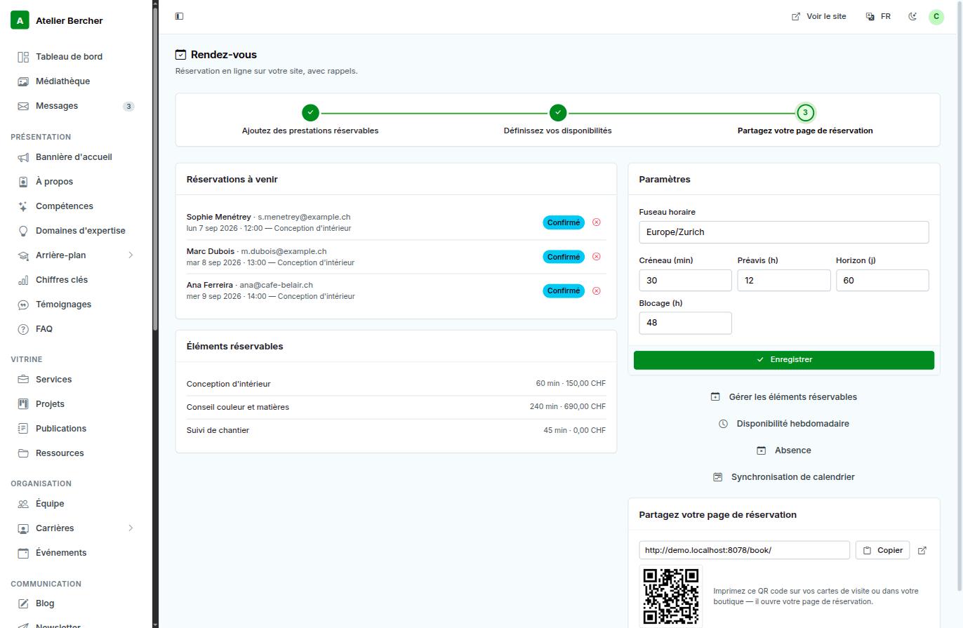 La schermata Appuntamenti: tre passi, prenotazioni in arrivo, elementi prenotabili, impostazioni e il riquadro di condivisione con QR code.